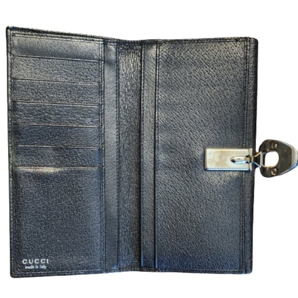 AUTHENTIC RARE VINTAGE GUCCI LONG BLACK WALLET WITH ENAMEL CLASP $895 - Picture 4 of 9